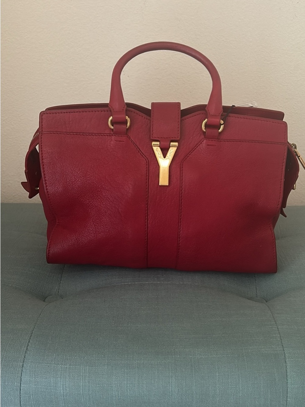 Yves Saint Laurent Red Leather Top-Handle Cabas Satchel with Gold Y Hardware